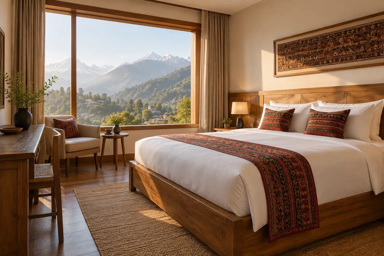 Warm, mountain-inspired guest room representing the Hotel Mount Bliss experience