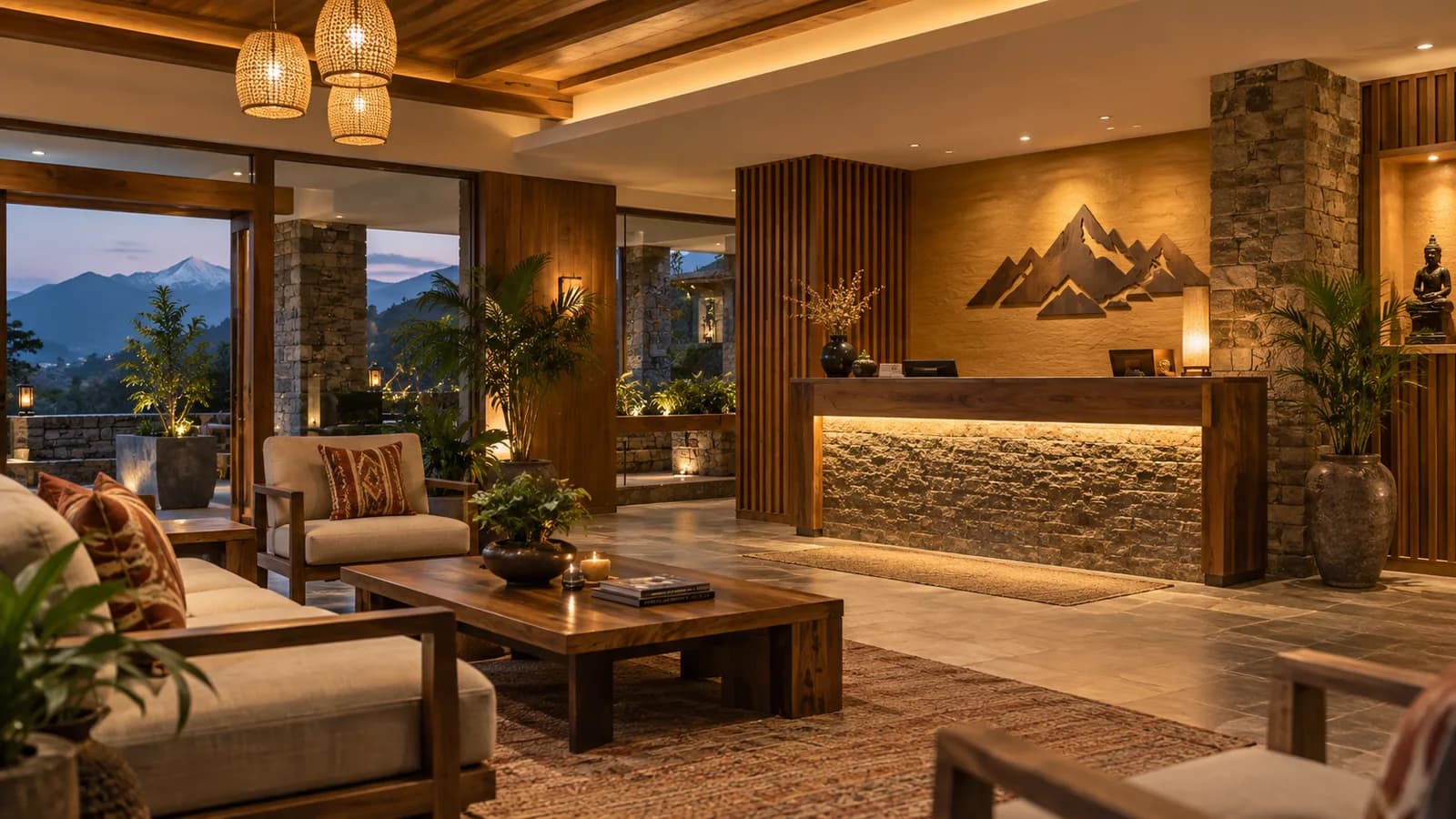 Boutique hotel lobby with timber and stone details