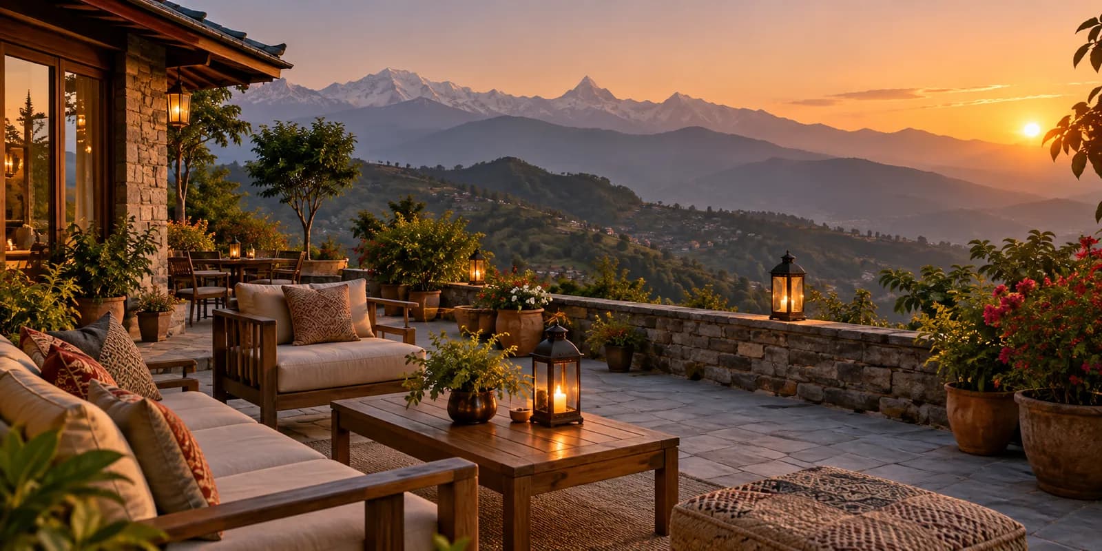 Hotel terrace overlooking Himalayan foothills at sunset